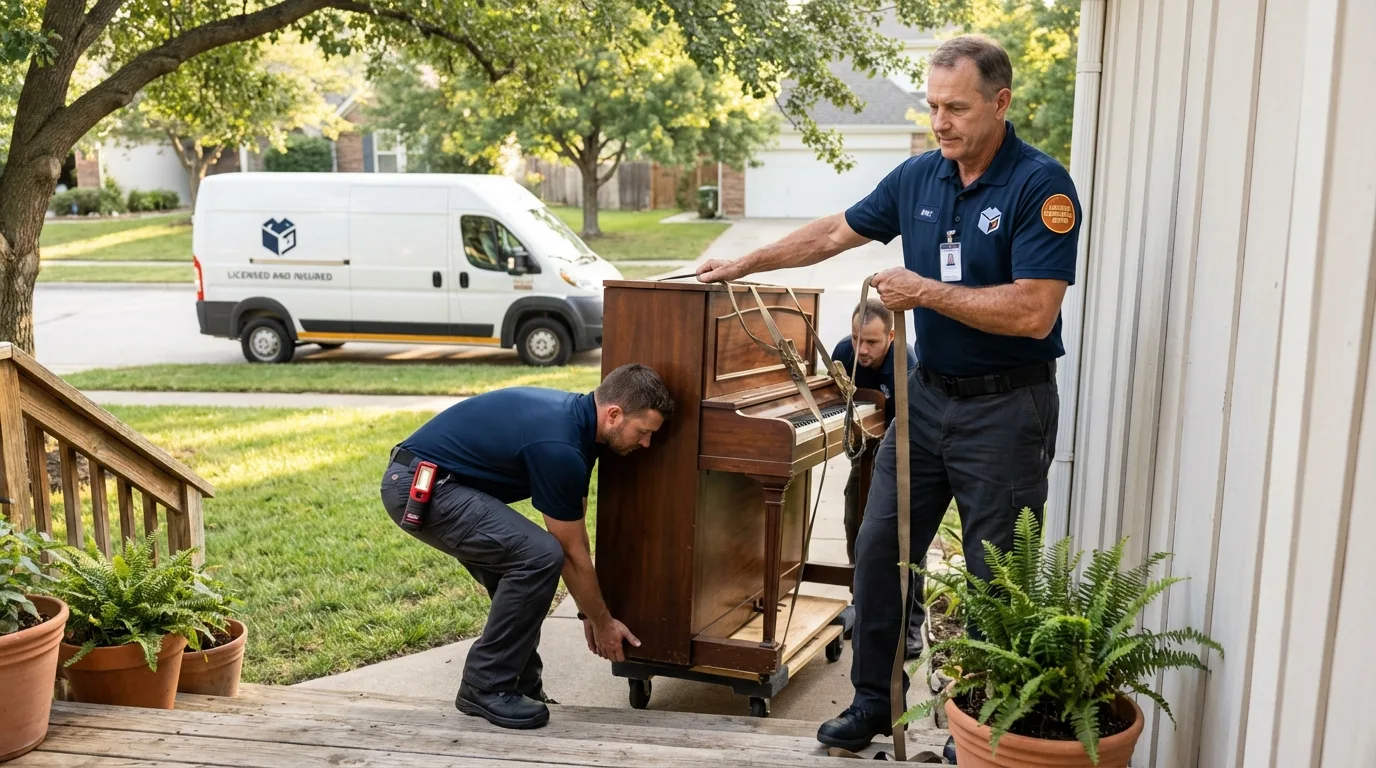 Licensed piano movers securing grand piano in Darien, GA
