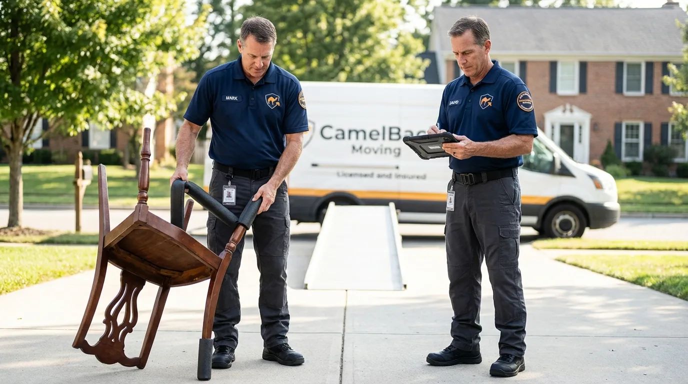 Movers inspecting furniture for damage prevention before loading in Darien, GA