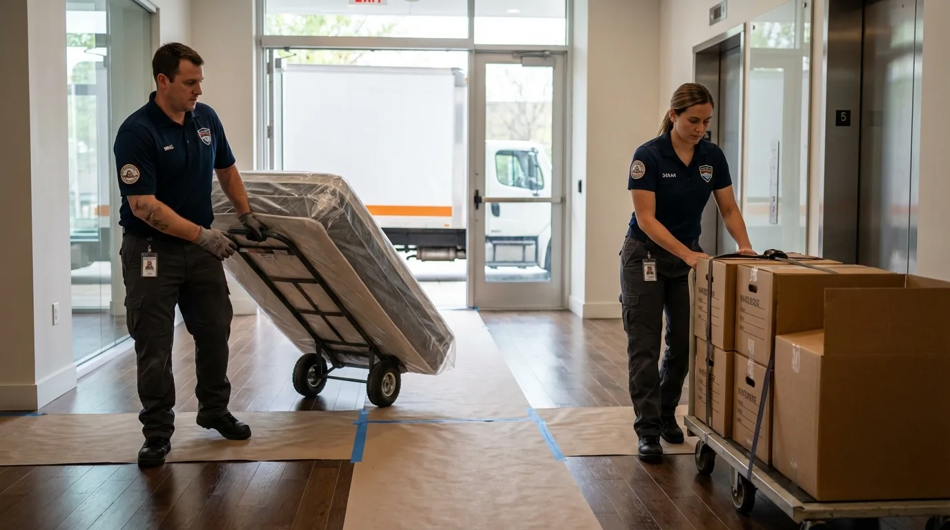 Professional apartment movers loading elevator in Darien, GA